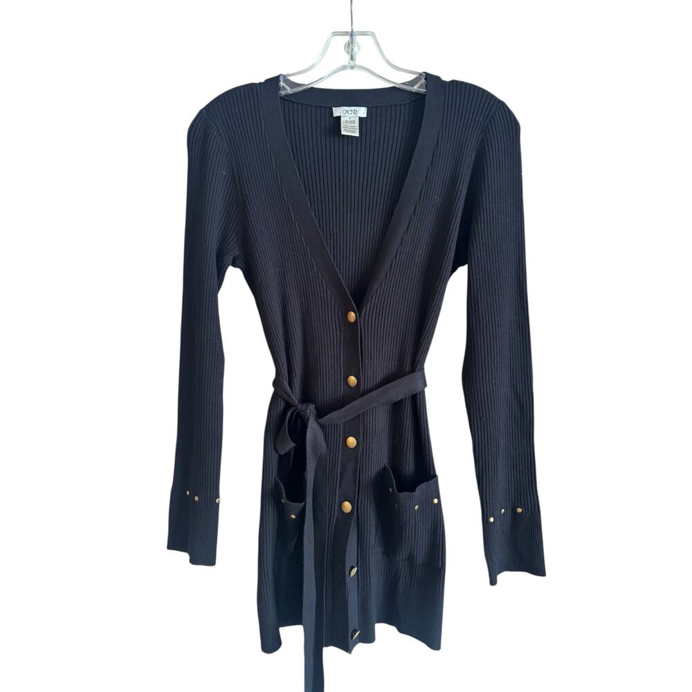 Vtg Cache Women’s Black Cardigan Button Up Belted Studded Size Medium Pockets